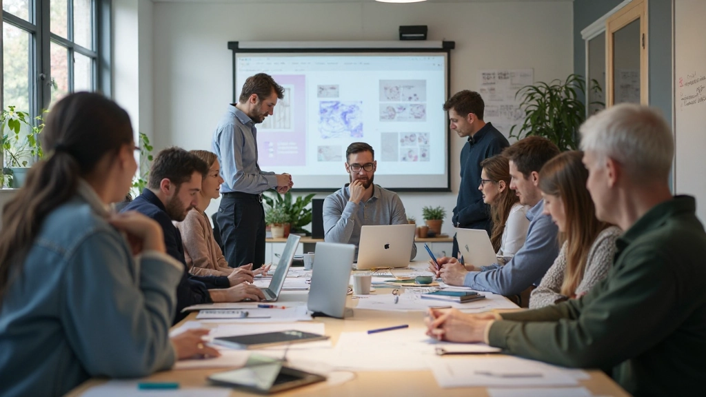 Design mentors collaborating with students on UI/UX projects in classroom