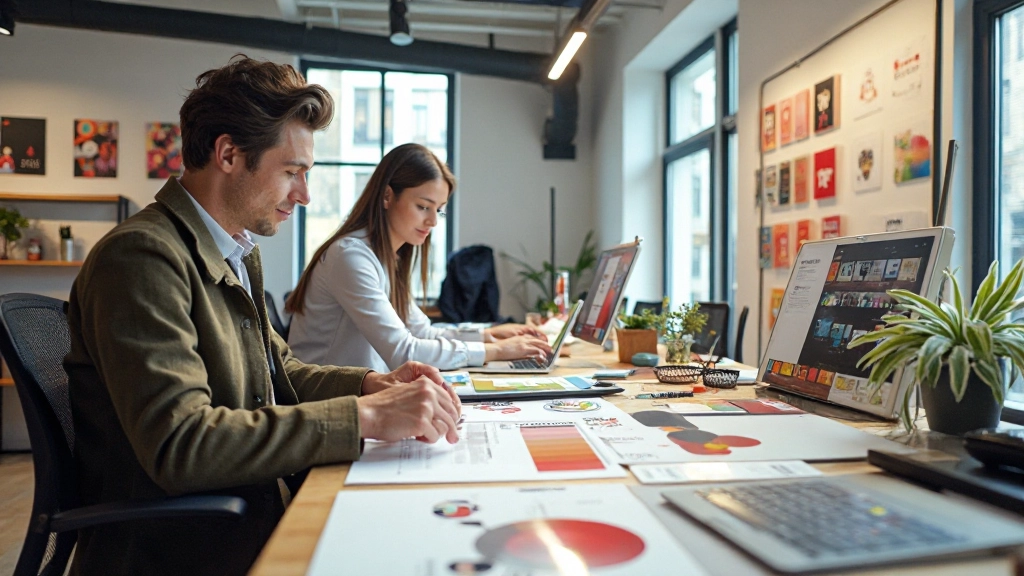 Team collaborating on design project with color swatches and typography samples on table