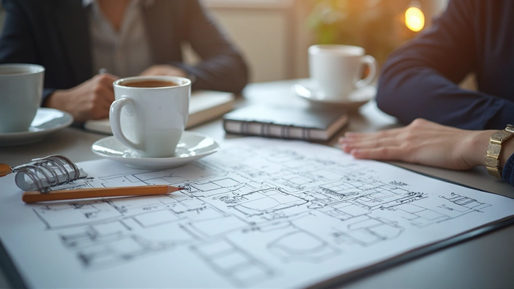 Wireframe sketches and design system components laid out on desk with coffee and notebook