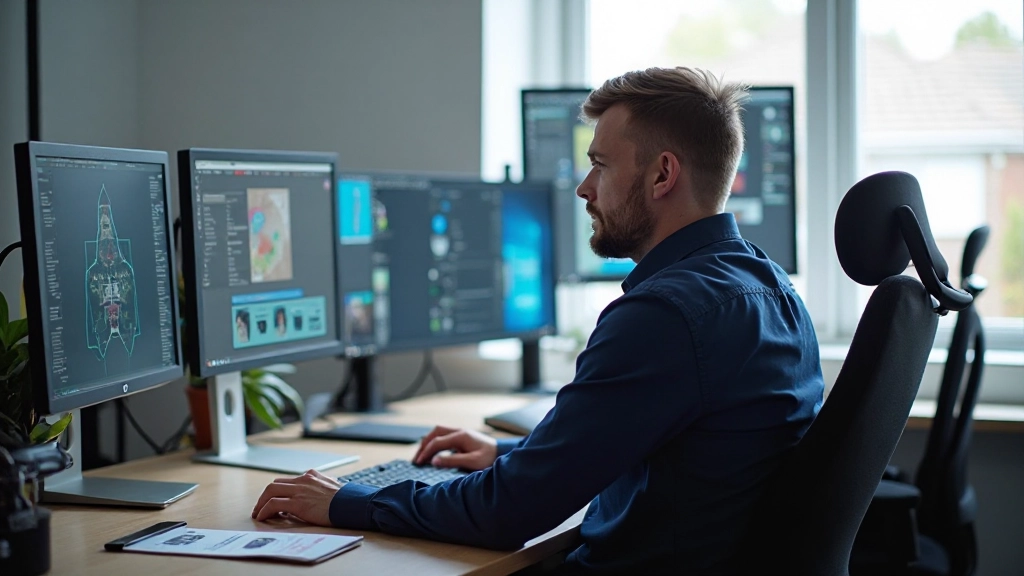 Modern web design workspace with multiple monitors displaying user interface designs and color palettes